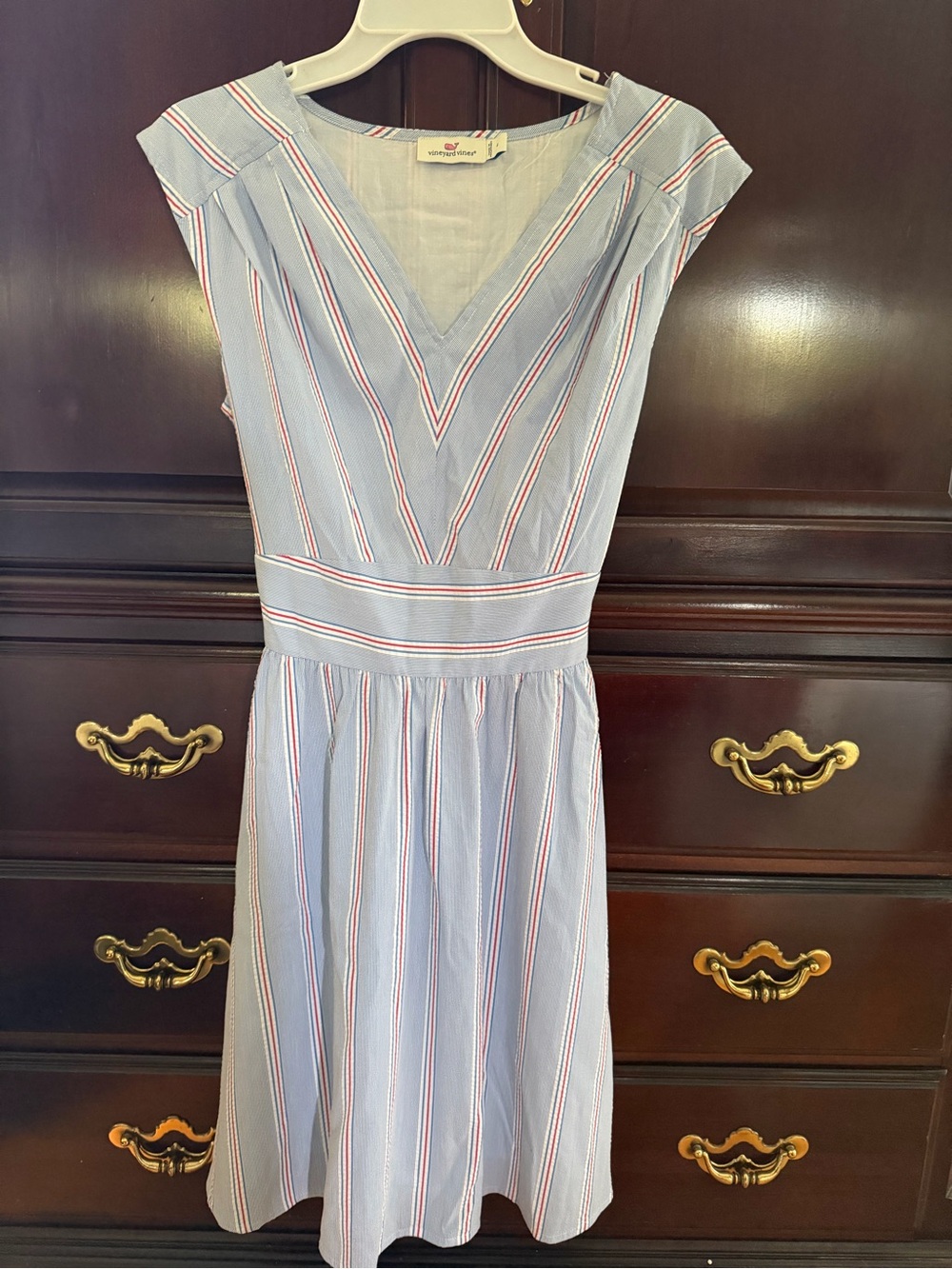 Vineyard Vines Blue and White Striped V-Neck Dress with Red Accents